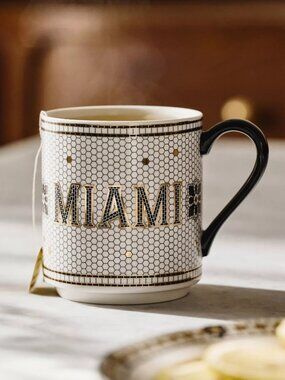 Anthropologie Bistro Tile Stoneware 24k Gold Accent Jetsetter Mug, Miami